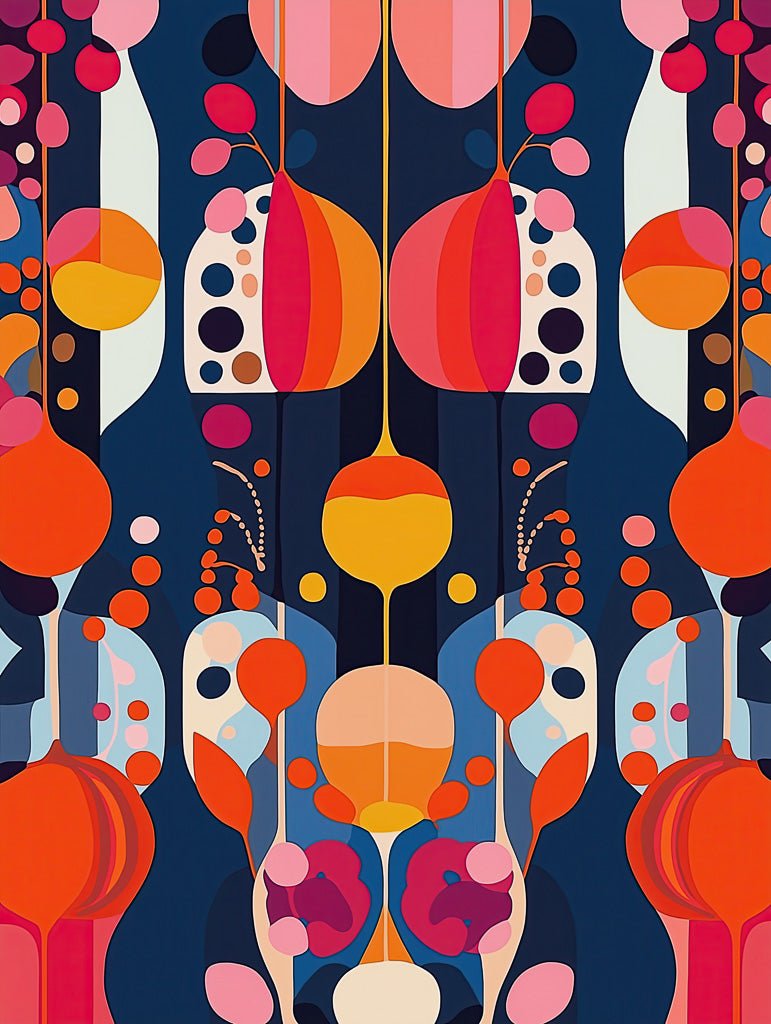 FN Prints' "Modern Symmetry" showcases abstract geometric art with symmetrical patterns in vibrant red, orange, pink, and blue. This creative design features circles and ovals, forming a visually striking and harmonious print on a dark background.