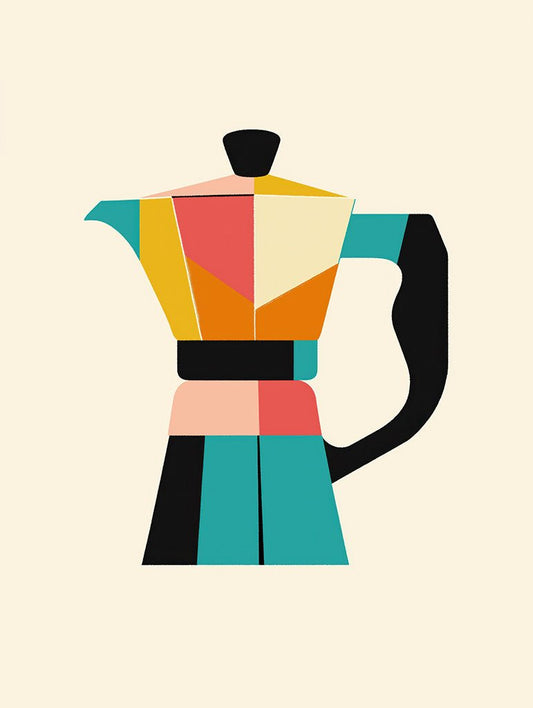 A colorful abstract art print featuring a stylized Moka Pot with geometric shapes in warm and cool tones, ideal for modern kitchens and coffee lovers.