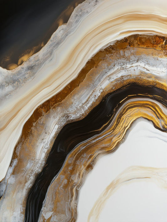 Abstract geode-inspired wall art print with layered black, white, taupe, and metallic gold textures