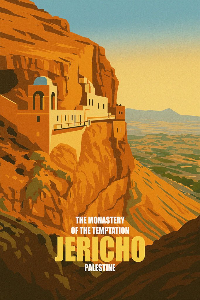Vintage travel poster of the Monastery of the Temptation in Jericho, Palestine, cliffside monastery above the Jordan Valley in warm ochre tones.