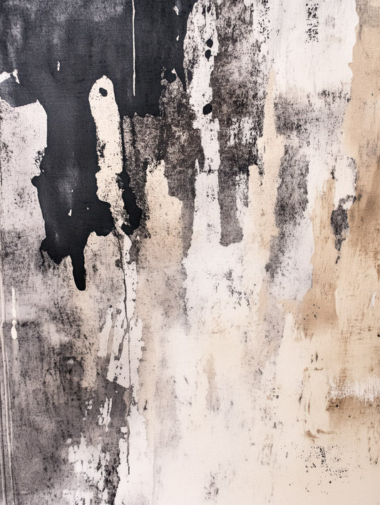 Abstract wall art print with black ink drips, taupe washes, and textured neutral background