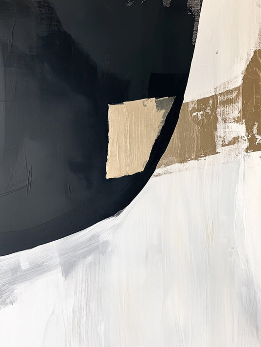 Minimal abstract artwork with black curve, white base and gold textured blocks