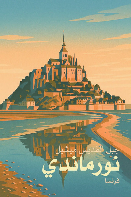 Illustrated poster of Mont Saint-Michel in Normandy, France, with Arabic text and a golden water reflection.