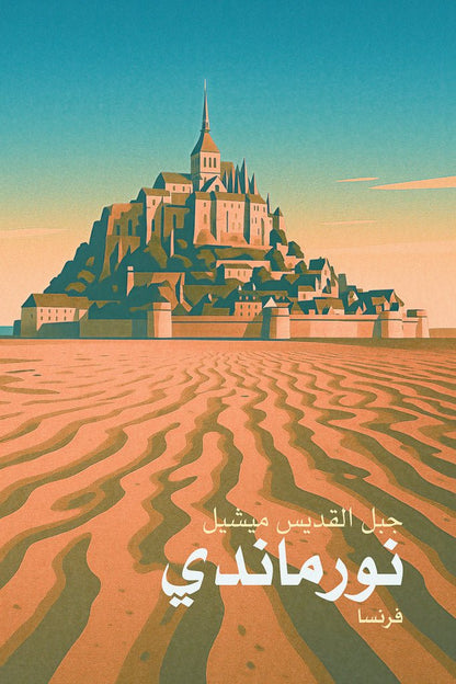 Illustrated print of Mont Saint-Michel in Normandy, France, with tidal sand textures and Arabic script.