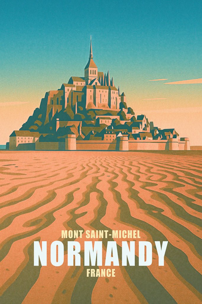 Illustrated print of Mont Saint-Michel in Normandy, France, with tidal sand textures and English script.