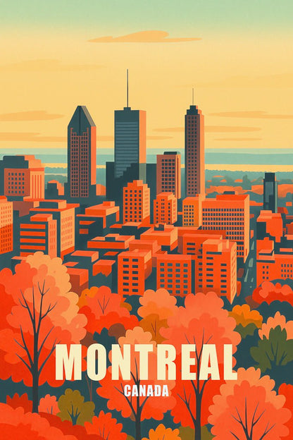 Illustrated autumn skyline of Montreal, Canada, with colorful trees and English city name.