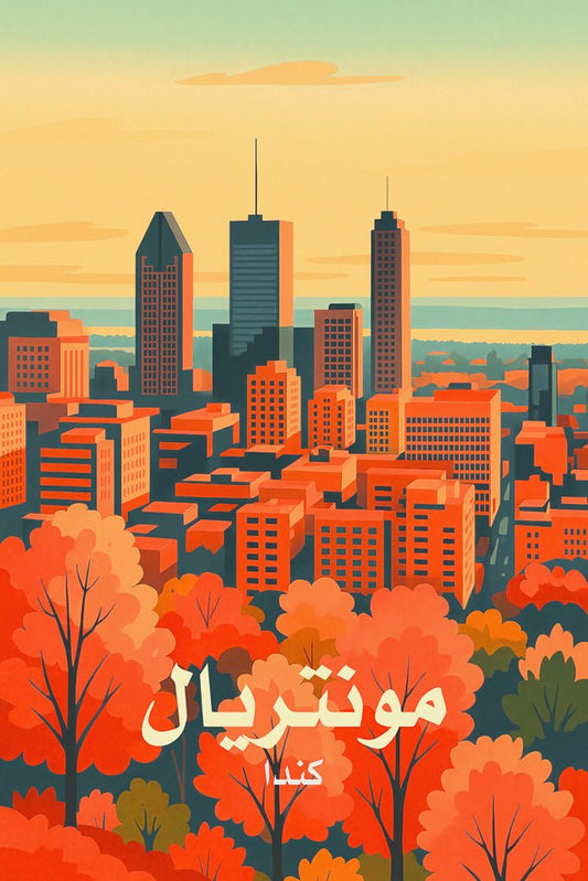 Illustrated autumn skyline of Montreal, Canada, with colorful trees and Arabic city name.