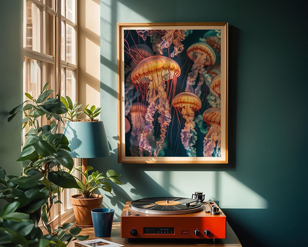 A sunlit room features a framed FN Prints photograph of Moon Jellies, a potted plant, and a record player on a shelf. Sunlight streams through the window, casting shadows that create a tranquil and artistic atmosphere.