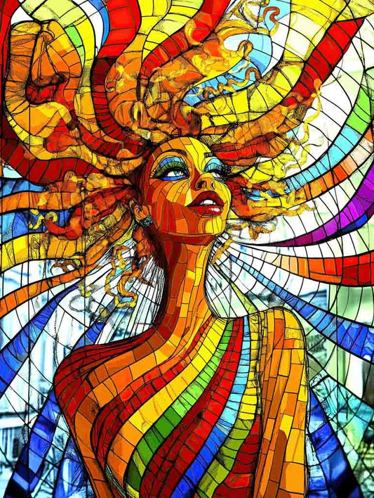 The "Mosaic Woman" from FN Prints is a vivid mosaic artwork that presents an abstract portrait of a woman with vibrant, flowing hair composed of segments in red, yellow, blue, and green. Her serene expression includes an upward gaze, set against a backdrop featuring swirling patterns in similar bright stained glass effect colors.