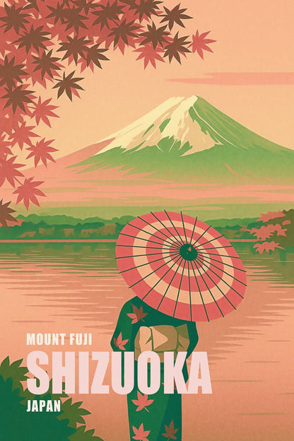 Stylized Mount Fuji print featuring a person in a kimono with umbrella, autumn leaves, and Japanese scenery in Shizuoka.
