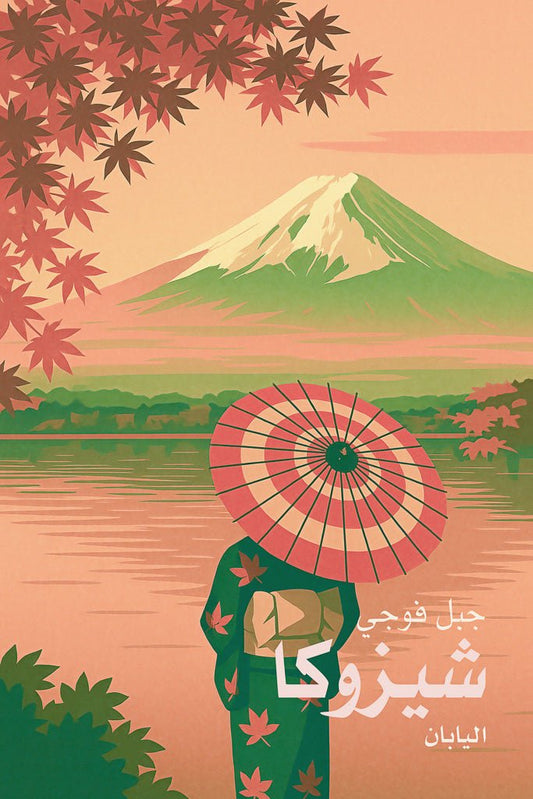 Stylized Mount Fuji print featuring a person in a kimono with umbrella, autumn leaves, and Japanese scenery in Shizuoka.