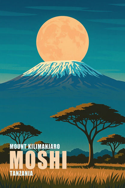 Stylized Mount Kilimanjaro print showing a glowing full moon behind the snowy peak and African trees in Moshi, Tanzania.