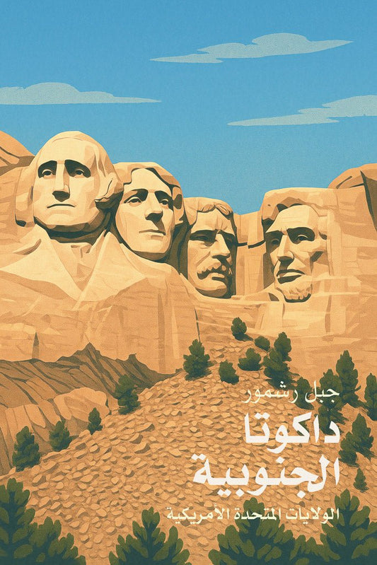 Illustrated Mount Rushmore print featuring four U.S. presidential sculptures in golden rock, set in South Dakota, USA.