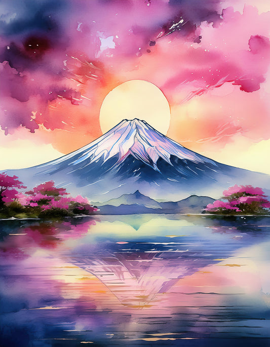 The "Snow-Capped Mountain Reflection" by FN Prints is a vibrant watercolor painting that features a picturesque scene of a snow-capped mountain, resembling Mount Fuji, under a radiant sun. The sky is filled with shades of pink, purple, and orange, which are beautifully mirrored in the tranquil lake below and surrounded by blossoming cherry trees.