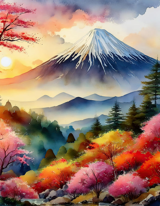 The FN Prints "East Asian Landscape at Sunset" digital watercolor showcases a vibrant and serene East Asian scene. It features a snow-capped mountain in the background, lush green hills, and colorful trees in shades of red, orange, and yellow in the foreground. The sky is a blend of warm sunset hues, enhancing the peaceful atmosphere.