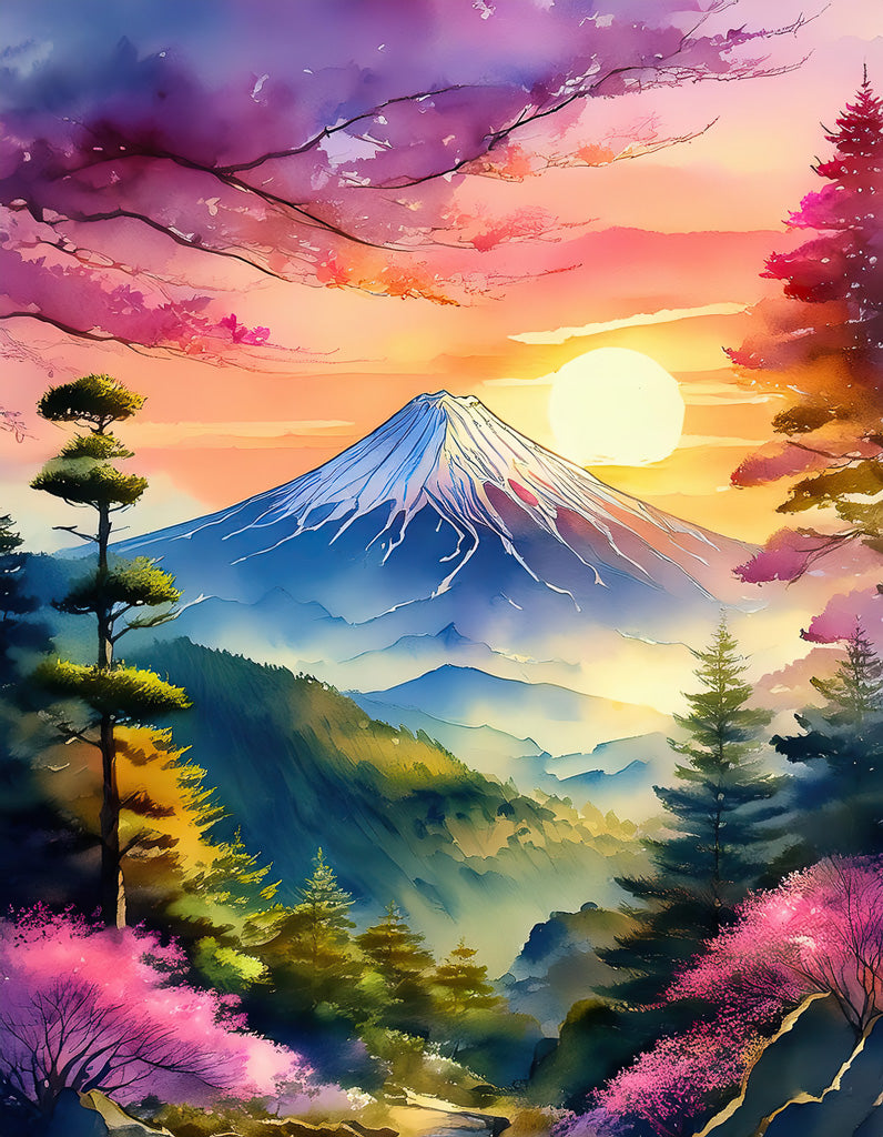 A vibrant digital watercolor painting by FN Prints, titled "Serene Forest and Mountain Sunset," depicts the majestic, snow-capped mountain under a colorful sunrise sky. Lush green trees and blooming pink cherry blossoms surround the scene, adding greenery and vivid floral hues to the tranquil beauty of nature.