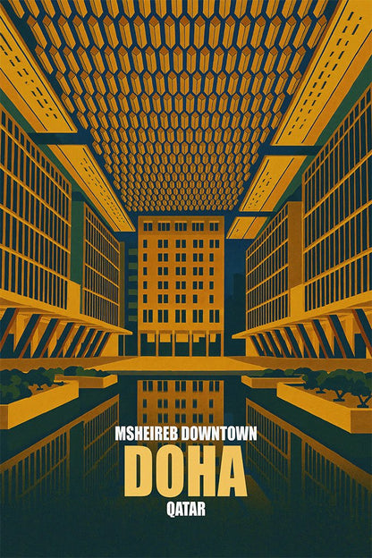 Artistic depiction of a modern architectural scene with text overlay in Doha, Qatar.