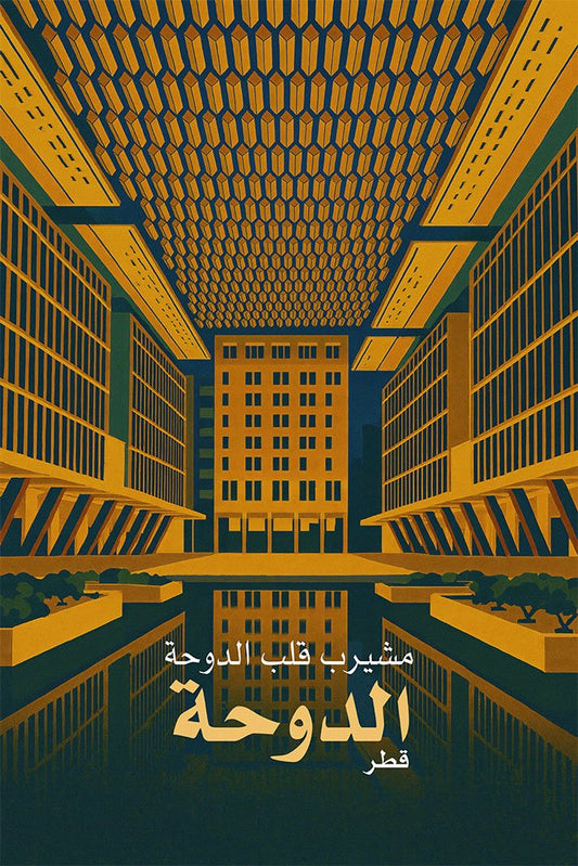 Artistic depiction of a modern architectural scene with text overlay in Doha, Qatar.
