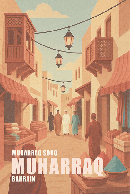 Illustrated poster of Muharraq Souq, Bahrain, showing traditional Gulf architecture, lanterns, and market life.