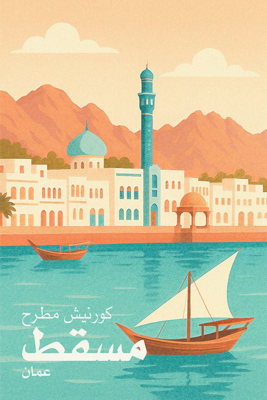 Illustrated wall print of Mutrah Corniche in Muscat, Oman, with traditional boat and coastal skyline.