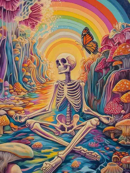 The FN Prints artwork, "Mystical Balance," features a whimsical, surreal setting with a meditative skeleton sitting cross-legged amidst a colorful landscape full of mushrooms. A vibrant rainbow and butterfly introduce an element of mystical balance, while swirling patterns and bright colors heighten the dreamlike atmosphere.