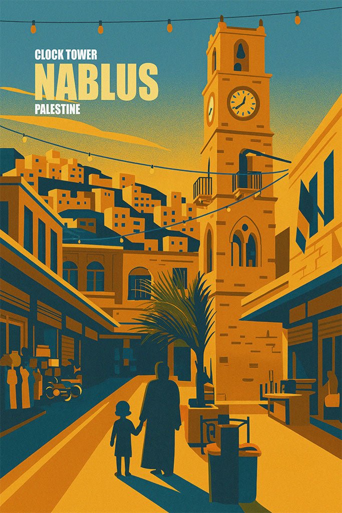 Vintage travel poster of the Nablus Clock Tower, Palestine, evening market street with string lights, palm, and hillside homes in warm ochre and teal.