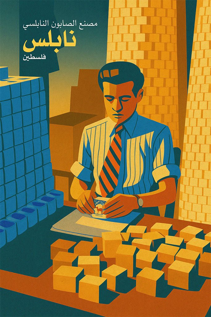 Vintage travel poster of the Nablus soap factory in Palestine showing a worker stamping bars of Nabulsi olive oil soap with stacks of cubes in warm ochre and teal.