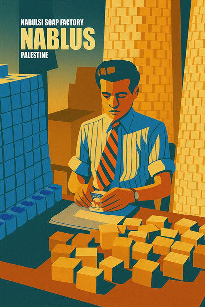 Vintage travel poster of the Nablus soap factory in Palestine showing a worker stamping bars of Nabulsi olive oil soap with stacks of cubes in warm ochre and teal.