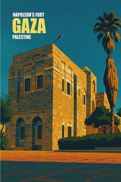 Vintage travel poster of Qasr al Basha (Napoleon’s Fort) in Gaza City, stone façade and palm under a deep blue evening sky.