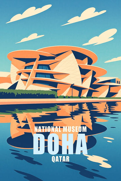 Stylized digital art of the National Museum of Qatar in Doha with sky and water reflection.