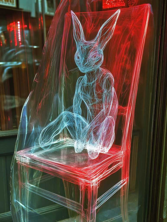 The art installation from FN Prints, known as Neon Hare Nocturne, showcases a rabbit figure made of white and red neon lights seated on a chair. Its abstract digital artwork design exudes a radiant glow against the dark backdrop, with reflections that twinkle across nearby surfaces.