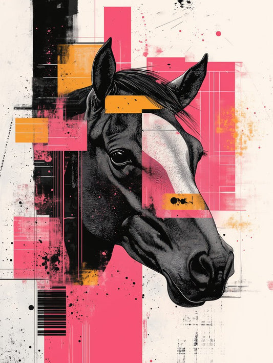Black ink horse head illustration overlaid on a vivid pink and orange geometric pop art background.