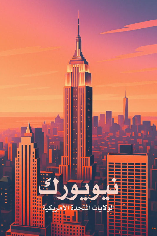 Sunset skyline digital illustration of the Empire State Building in New York City.