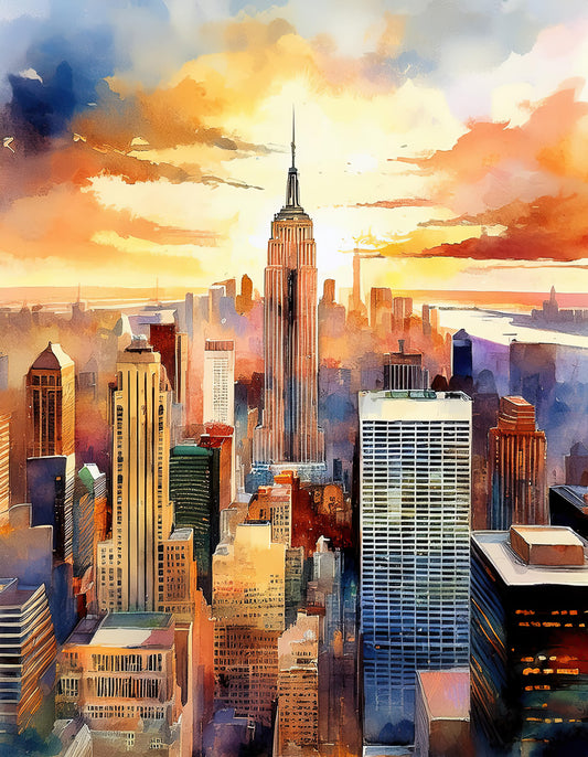 The New York City Sunrise by FN Prints is a vibrant digital watercolor artwork capturing the iconic skyline of New York City at sunrise. The artwork prominently features a tall central skyscraper with a spire, while surrounding buildings of varying height and design are bathed in warm tones of orange, pink, and yellow, evoking a dynamic yet serene atmosphere.