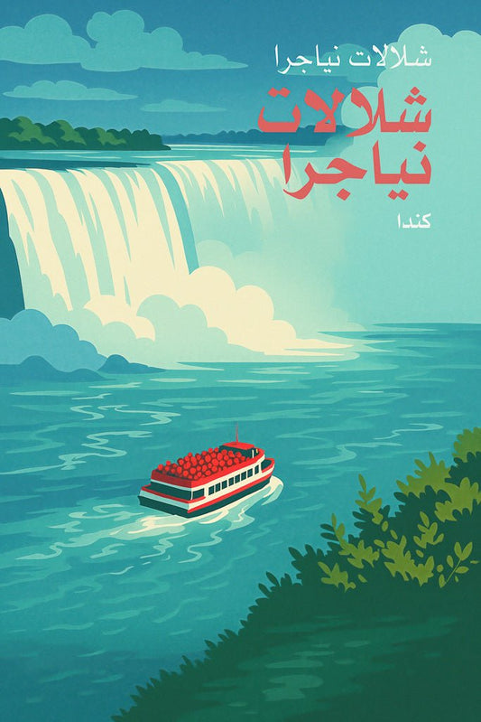 Illustrated art print of Niagara Falls Canada with a boat cruising below the waterfall.