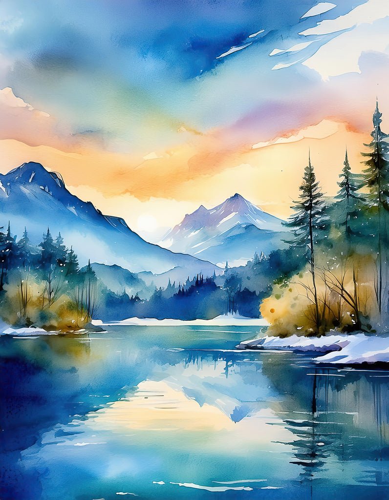 FN Prints' "North American Wilderness" is a vibrant watercolor painting capturing a serene mountain landscape at sunset, ideal for creating a tranquil living room atmosphere. It features a calm lake reflecting the colorful sky and surrounding pine trees, with snow-capped peaks rising in the background under hues of blues, pinks, and oranges.