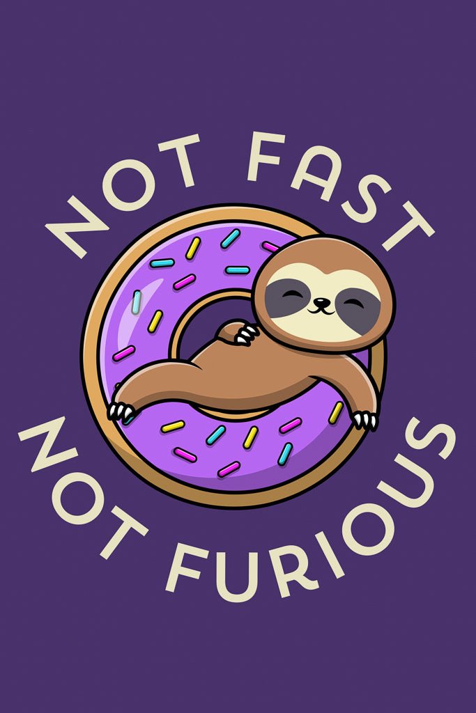 The "Not Fast Not Furious" by FN Prints is a lively and playful piece of art showcasing a cheerful sloth relaxing inside a pink donut adorned with colorful sprinkles. Surrounding the donut is the phrase, "Not Fast, Not Furious," all set against a purple background. This digital artwork poster is ideal for anyone who appreciates laid-back vibes.