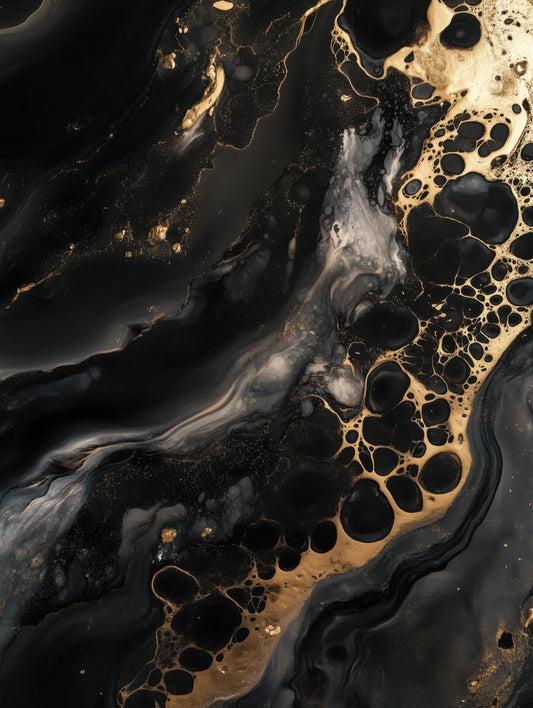 Black abstract artwork with fluid gold textures and swirling marble-like patterns
