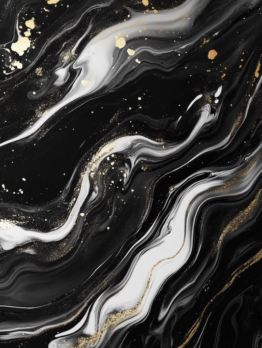 Black, white, and gold flowing abstract marble pattern wall art print