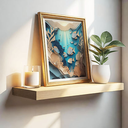 On a wooden shelf sits a framed piece of art titled "Ocean Sunbeams" by FN Prints, showcasing the aquatic beauty of fish and seaweed. To the left, a lit candle flickers softly within its glass holder, while to the right, a potted plant with lush green leaves adds a touch of nature. The entire scene is bathed in soft natural light.