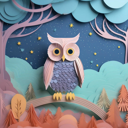 A whimsical paper-cut illustration, titled "Octavia The Owl" by FN Prints, depicts an owl with layered feathers, large round eyes, and pointy ears. The digital artwork captures Octavia perched on a curved branch amidst pastel-colored trees and foliage, under a starry night sky with swirling clouds and twinkling stars—ideal for nursery wall art.