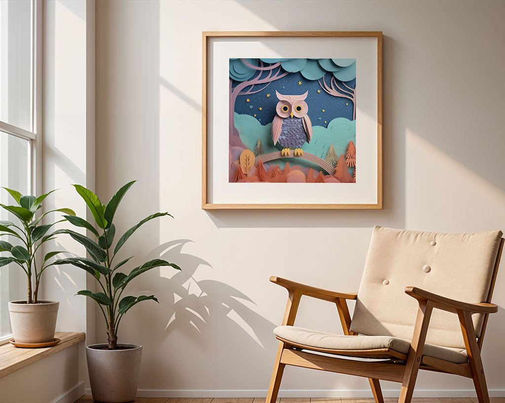 A cozy room features a wooden chair by the window, bathed in sunlight. Two potted plants are positioned on the floor. Adorning the wall is an enchanting art print called *Octavia The Owl* from FN Prints, depicting an owl perched on a branch against a serene pastel night scene with twinkling stars overhead.