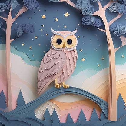 The Odette The Owl art print by FN Prints features a whimsical design with a wide-eyed owl perched on a curvy branch under a starry night sky. This enchanting piece showcases pastel-colored trees, rolling hills, and layered paper elements, creating a dreamy and intricate landscape.