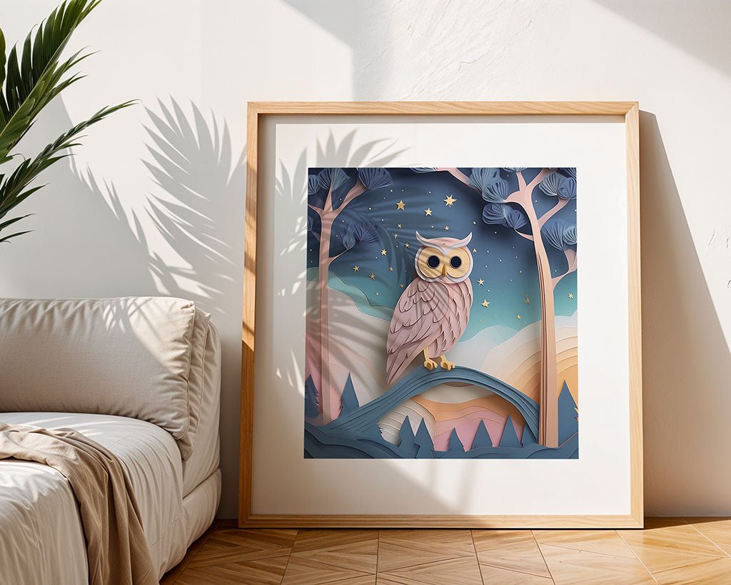 A framed illustration titled "Odette The Owl" by FN Prints perfectly complements the room's beige sofa. This captivating artwork features an enchanting owl perched on a branch against a magical night scene filled with stars, trees, and a vibrant sky, as sunlight casts leaf shadows on the wall and floor.