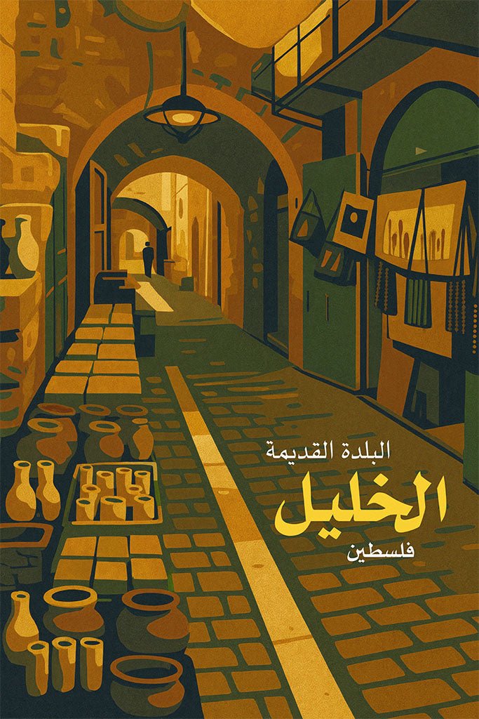 Vintage travel poster of Old Town Hebron, Palestine, showing arched market alley with pottery stalls in warm ochre and green tones.