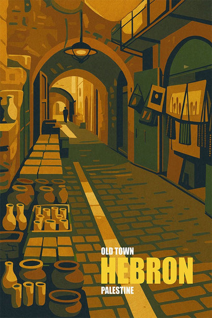 Vintage travel poster of Old Town Hebron, Palestine, showing arched market alley with pottery stalls in warm ochre and green tones.