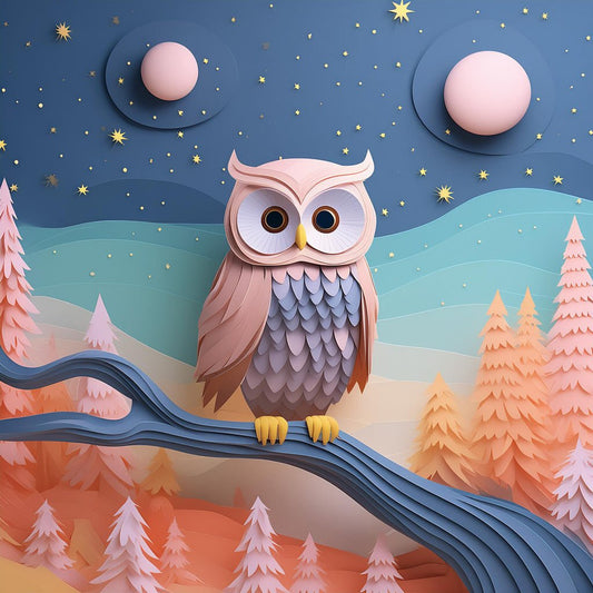 Introducing **"Olivia The Owl"** from *FN Prints*: a whimsical, colorful illustration crafted from layered paper, showcasing an owl perched on a branch. The enchanting art print features two moons and a starry sky in the background, accompanied by pastel-hued trees and rolling hills, creating a dreamy and serene scene.