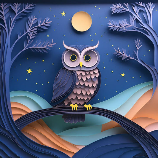 Introducing the beautifully crafted "Otto The Owl" by FN Prints. This whimsical paper art features an intricately designed owl perched on a branch at night, showcasing layered feathers and round, bright yellow eyes. The background is adorned with a starry sky, a full moon, and stylized trees.