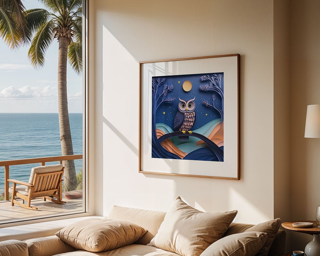 A sunlit room with a large window overlooking the ocean. A framed FN Prints piece titled "Otto The Owl," showcasing a folded paper effect against a night sky, graces the wall above a beige sofa. A palm tree can be seen outside on the balcony under the full moon and stars.