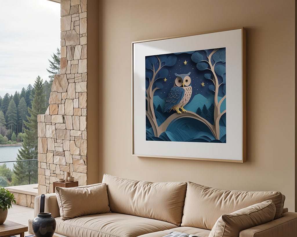 A captivating FN Prints art piece, "Owain The Owl," features Owain perched on a tree branch beneath a starry night sky. It adorns the stone wall above a beige sofa with cushions and is elegantly complemented by the lake and trees view visible through the large window.